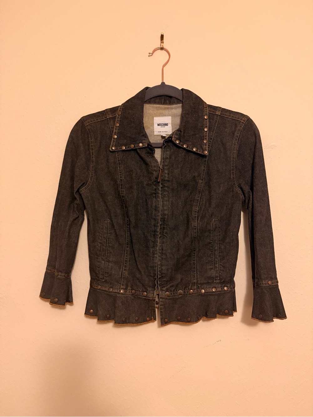 Moschino Black Denim Jacket with Stud and Ruffle Trim